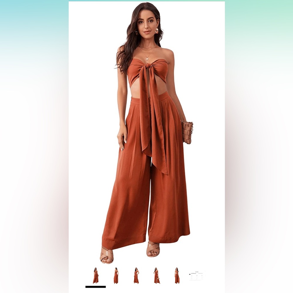 Sexy 2 Piece sz S. Tie Front Crop Top Wid Leg Pants Set for beach and summer